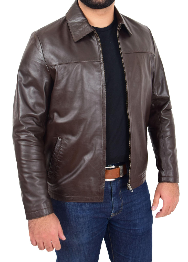 DR104 Men's Classic Zip Box Leather Jacket Brown 4