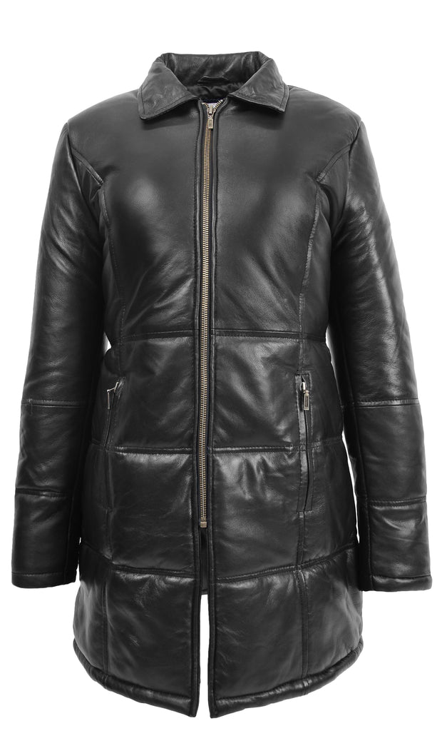DR254 Women’s Leather 3/4 Length Puffer Coat Black 6