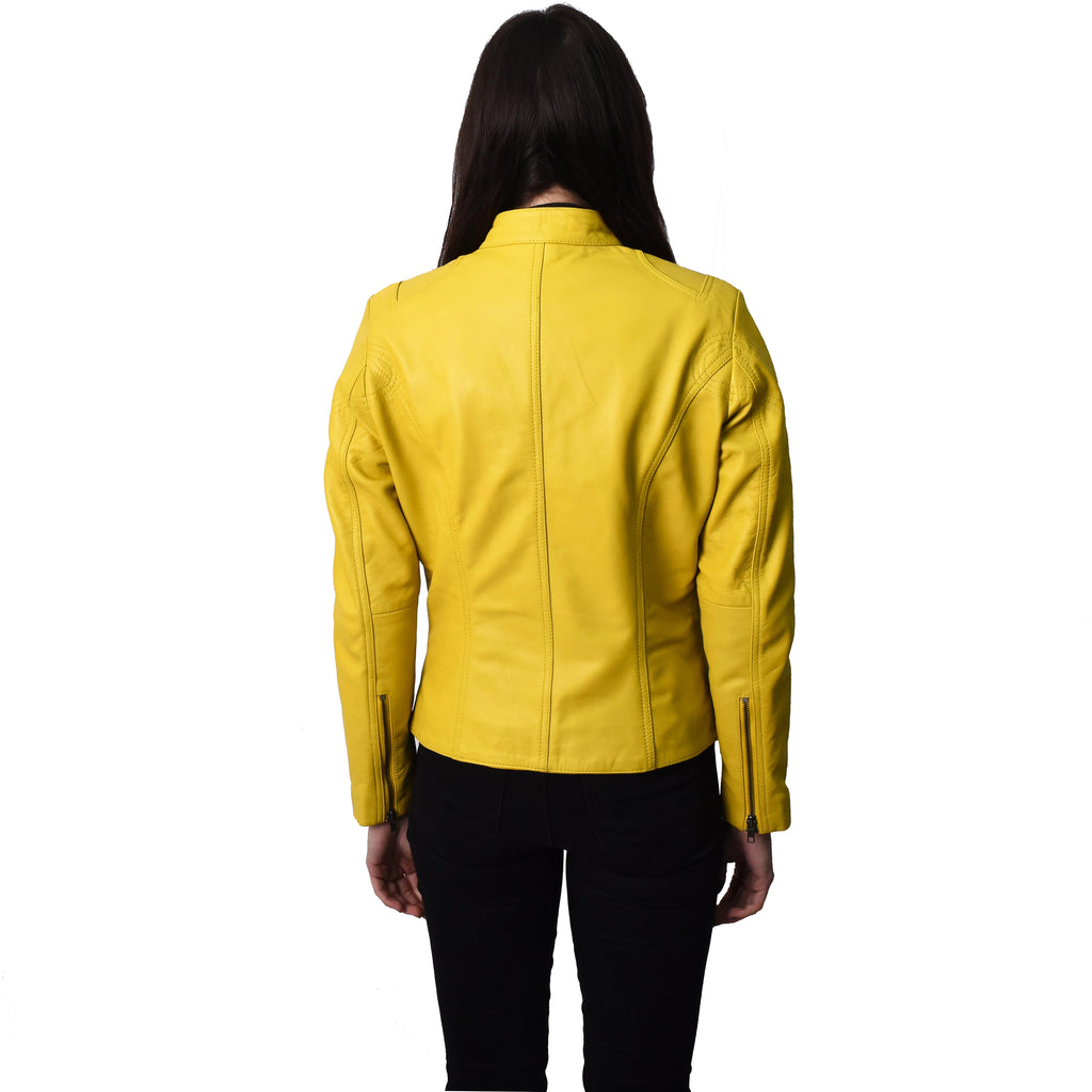 Ladies Classic Casual Biker Real Leather Jacket Yellow MotoBliss 2