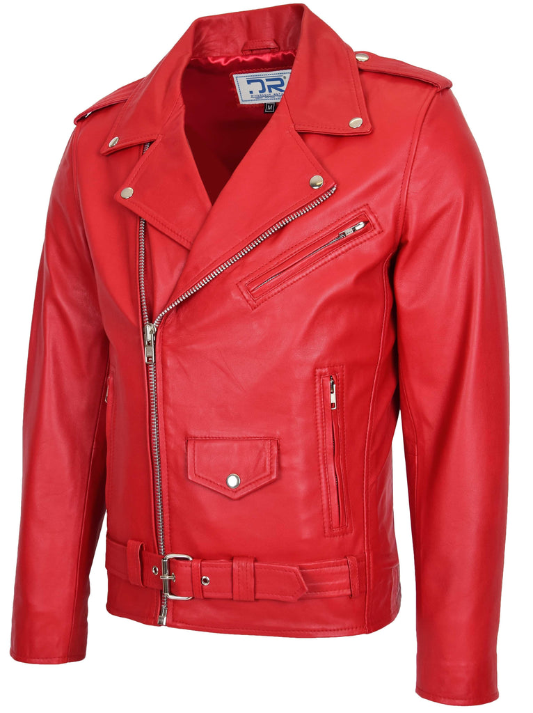 DR100 Men's Biker Real Leather Jacket Red 3
