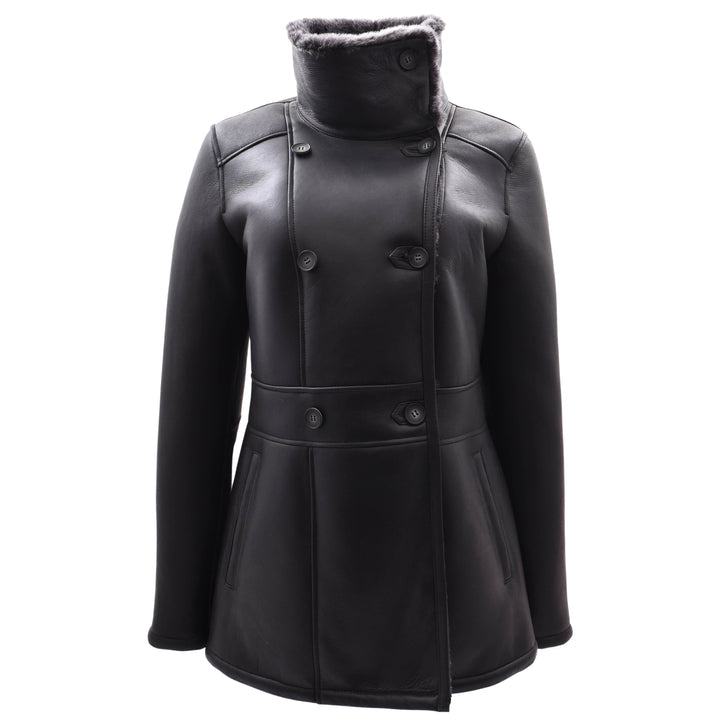 DR596 Women's Soft Sheepskin Double Breasted Fur Collar Coat Black 6