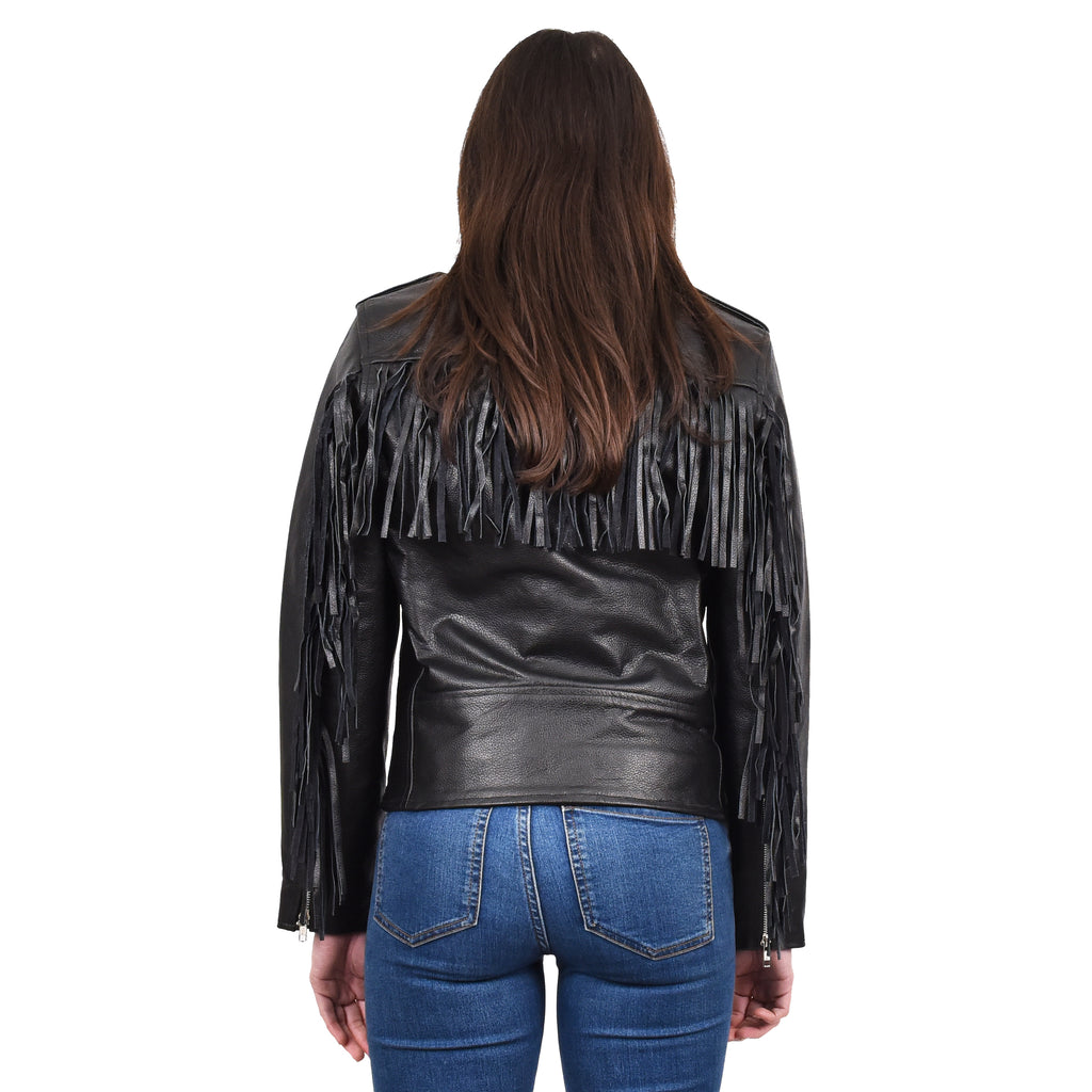 Women's Cowhide Leather Biker Jacket Brando Fringes Cross Zip Vinga Black 7