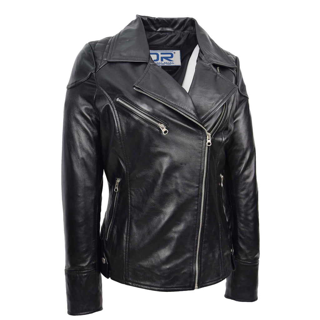 DR570 Women's Cross Zip Pocketed Real Leather Biker Jacket Black 6
