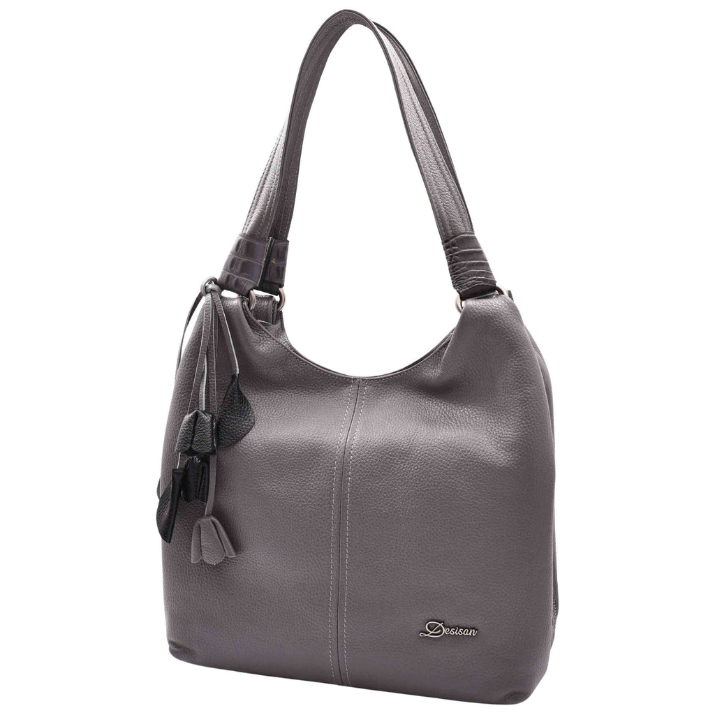 DR583 Women's Large Leather Hobo Bag With Zip Opening Grey 6