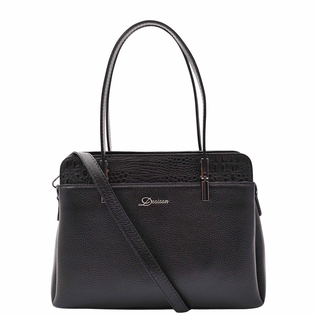 DR589 Women's Leather Medium Size Tote Zip Shoulder Bag Black 6