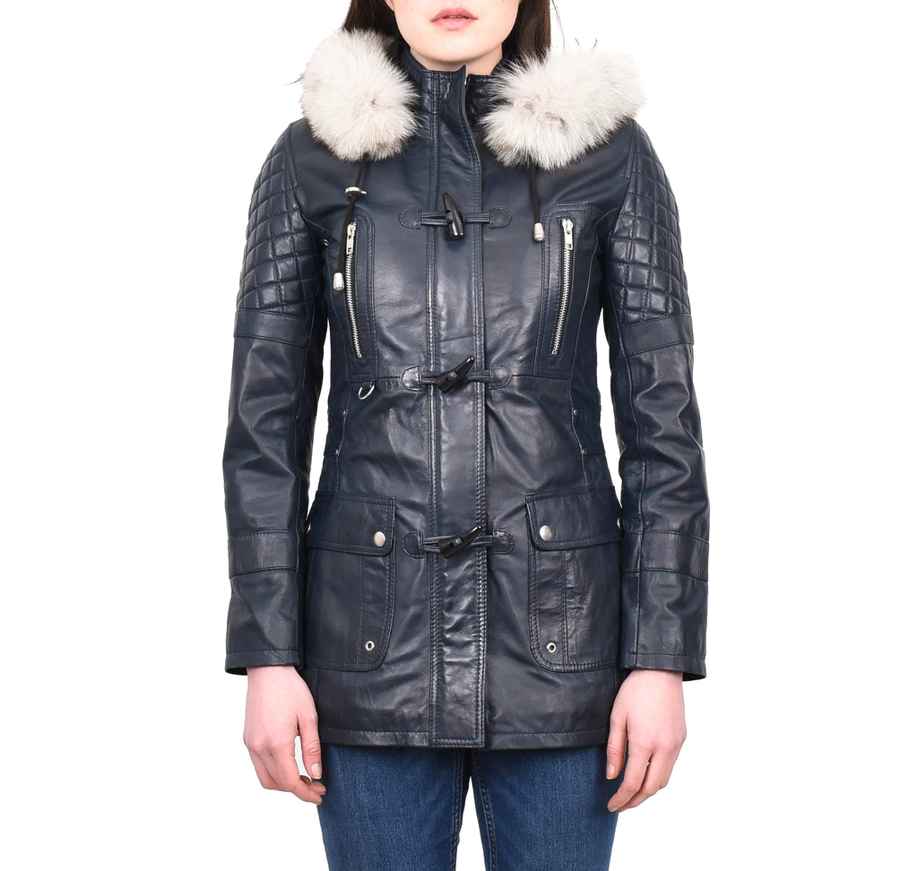 Women's Original Detachable Hoodie Duffel Leather Coat Navy Velvetine 6