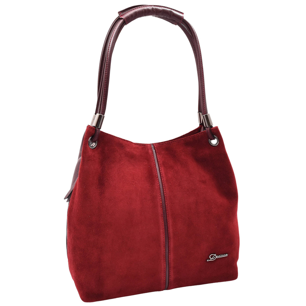 DR593 Women's Suede Leather Large Shoulder Bag Zip Hobo Burgundy 6