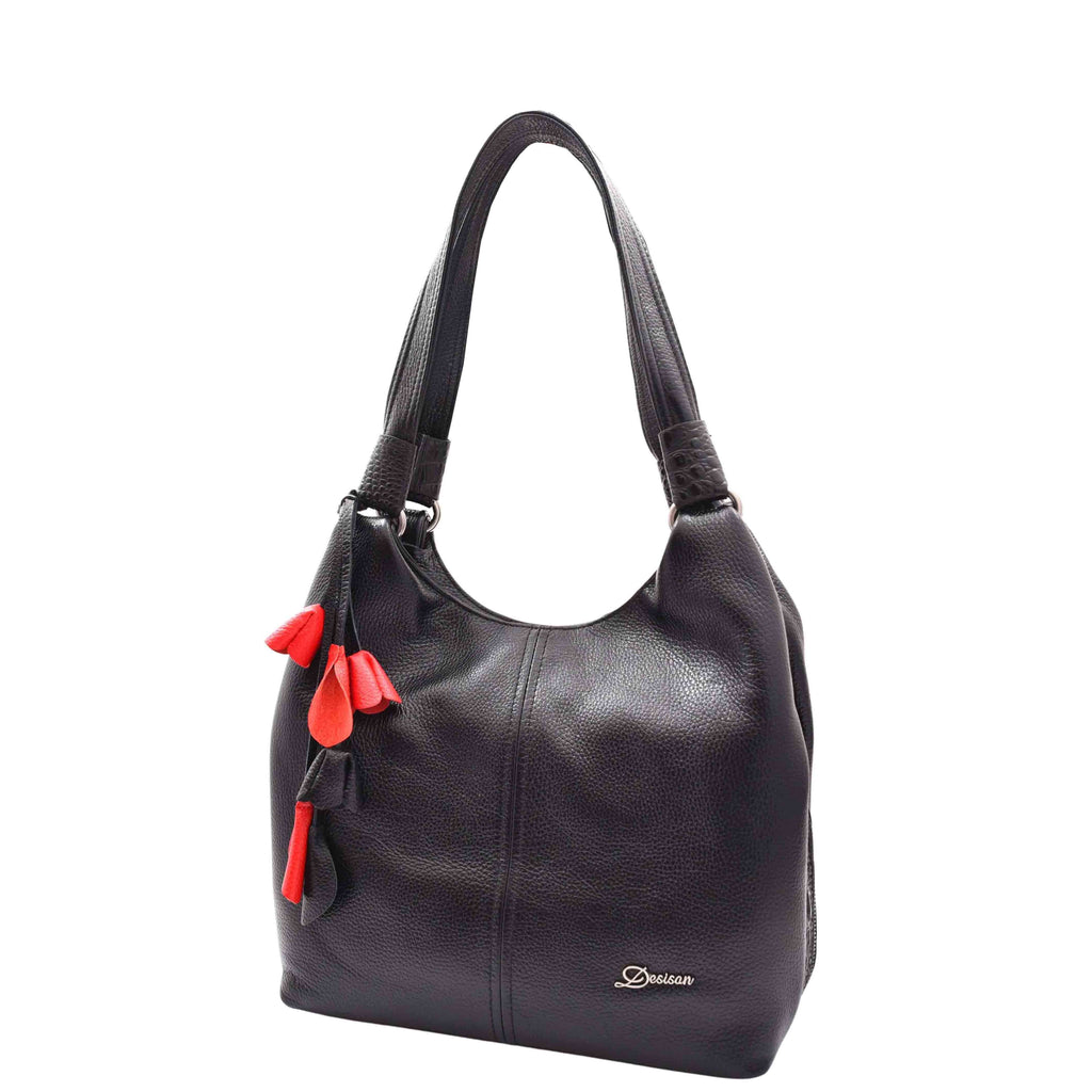 DR583 Women's Large Leather Hobo Bag With Zip Opening Black 6