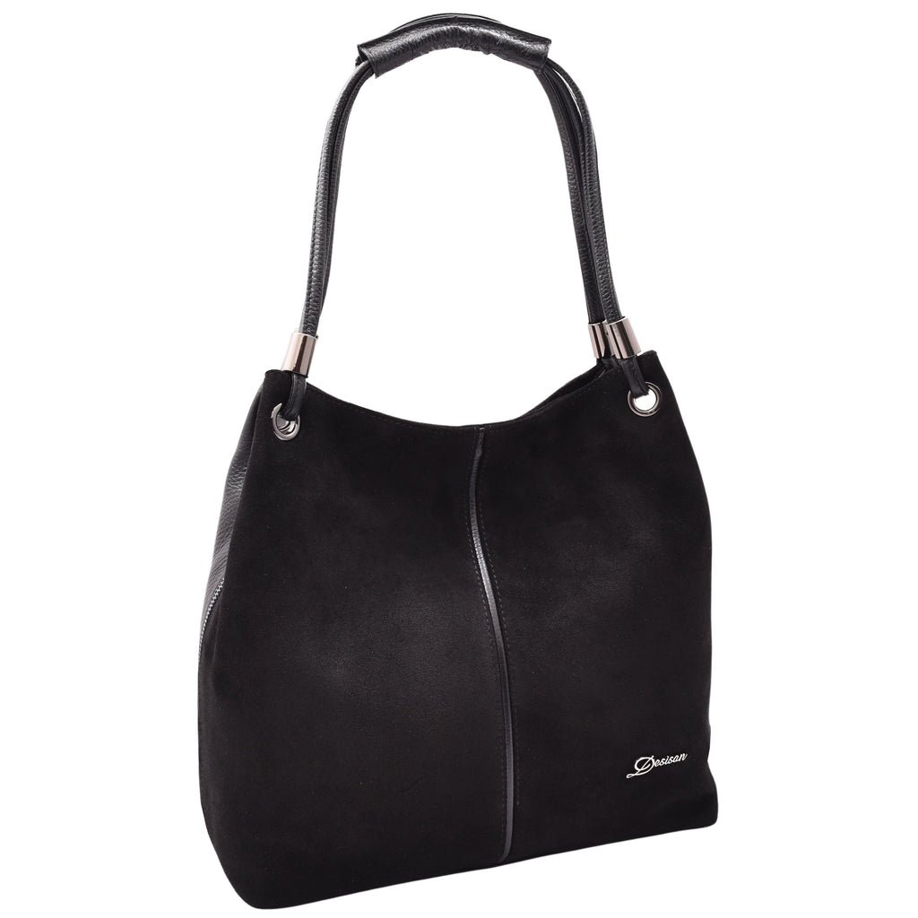 DR593 Women's Suede Leather Large Shoulder Bag Zip Hobo Black 6