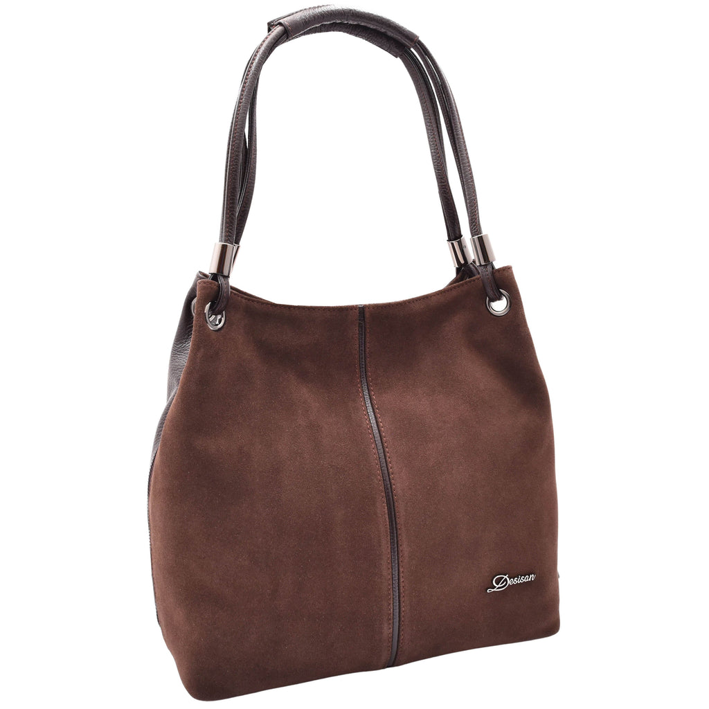 DR593 Women's Suede Leather Large Shoulder Bag Zip Hobo Brown 6
