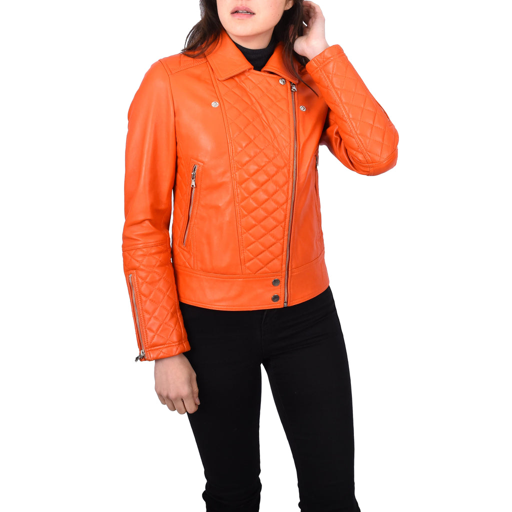 Women's Real Leather Biker Jacket with Quilt Detail Orange Motoquilt 6