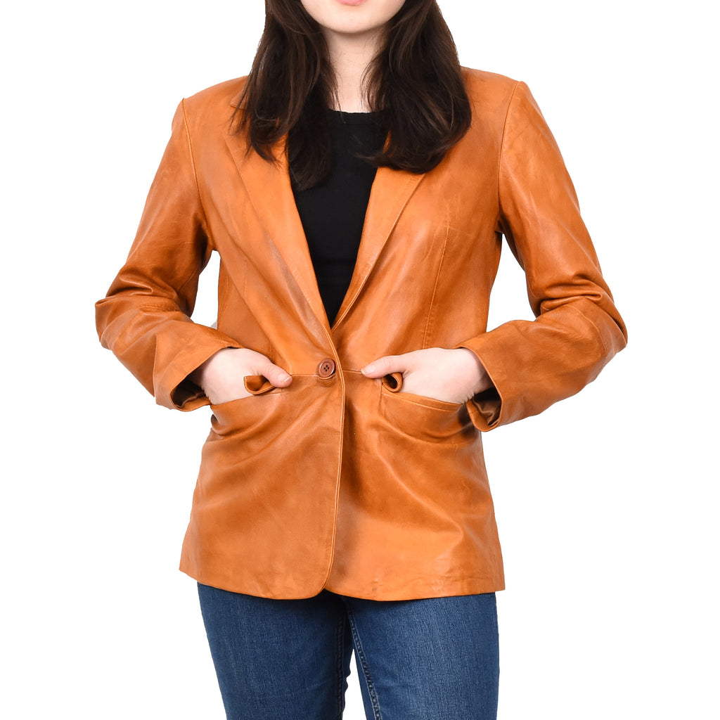 Women's Sheep Leather Single Button Blazer Jacket Classic Lilja Whiskey 6