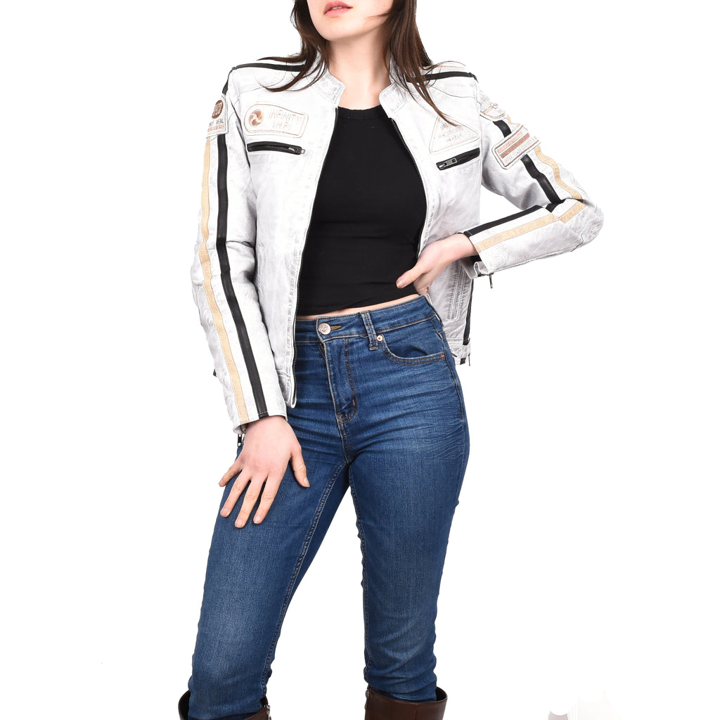 Women's Genuine Leather Biker Racing Badges Jacket Café Racer White Rayne 6