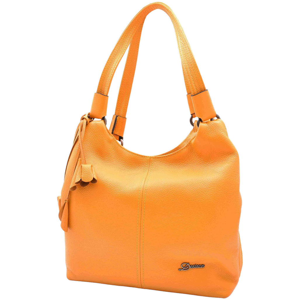 DR583 Women's Large Leather Hobo Bag With Zip Opening Yellow 6