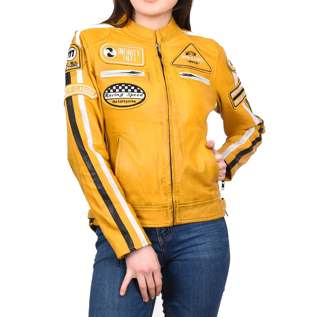 Women's Genuine Leather Biker Racing Badges Jacket Café Racer Yellow Rayne 6