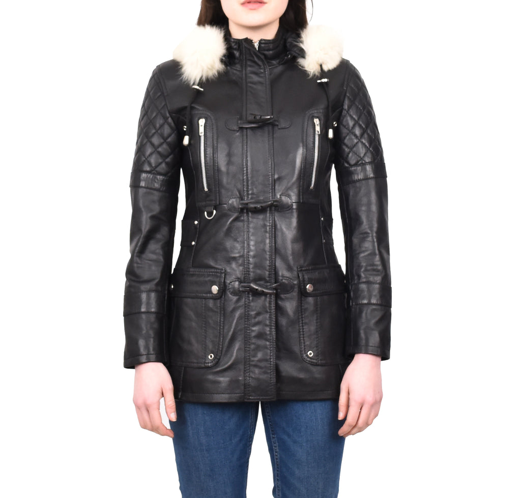 Women's Original Detachable Hoodie Duffel Leather Coat Black Velvetine 6