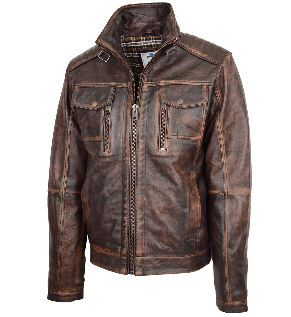 DR560 Men's Urban Biker Style Leather Jacket Brown 6