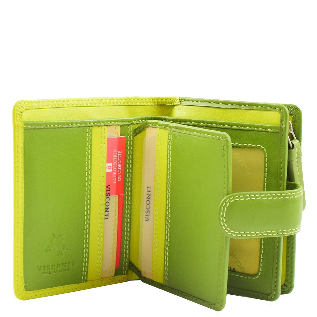 DR678 Ladies Genuine Leather Small Sized Zip Bi Fold Purse Lime Multi 6