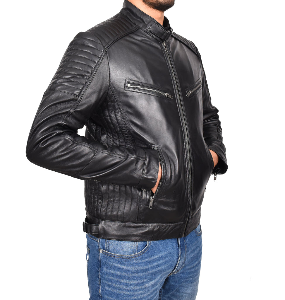 DR101 Men's Leather Cafe Racer Biker Jacket Black 6