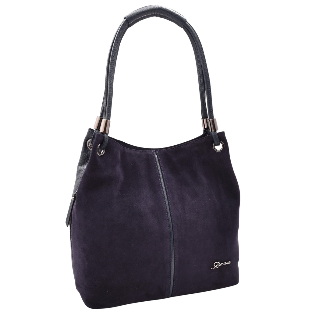 DR593 Women's Suede Leather Large Shoulder Bag Zip Hobo Navy 6
