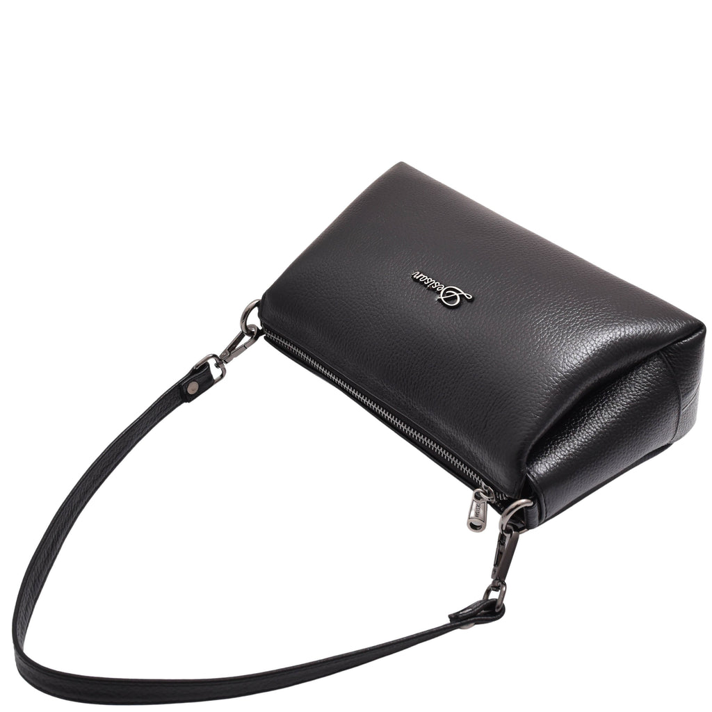 DR597 Women's Genuine Leather Small Zip Handbag Shoulder Bag Black 6
