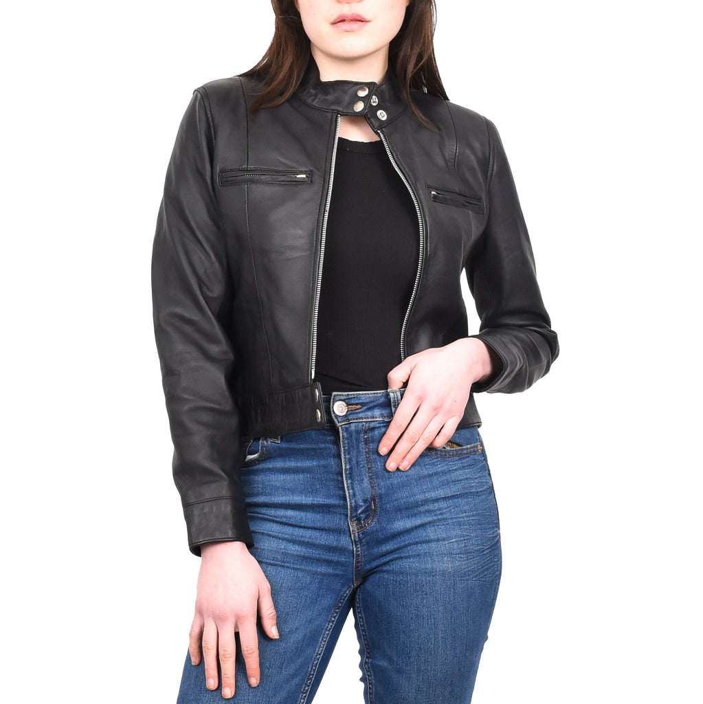 Women's Real Leather Biker Jacket Band Collar Short Slim Fit Trine Black 4