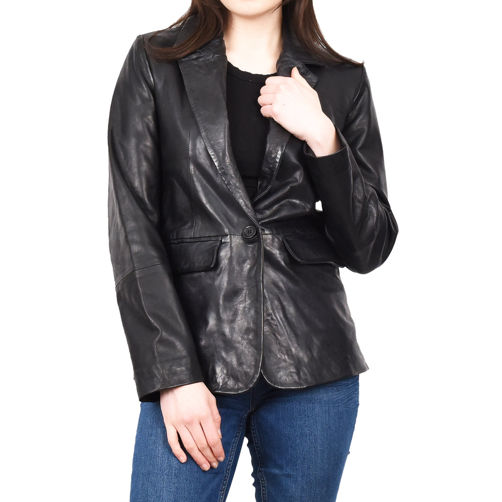 Women's Sheep Leather Single Button Blazer Jacket Classic Lilja Black 3