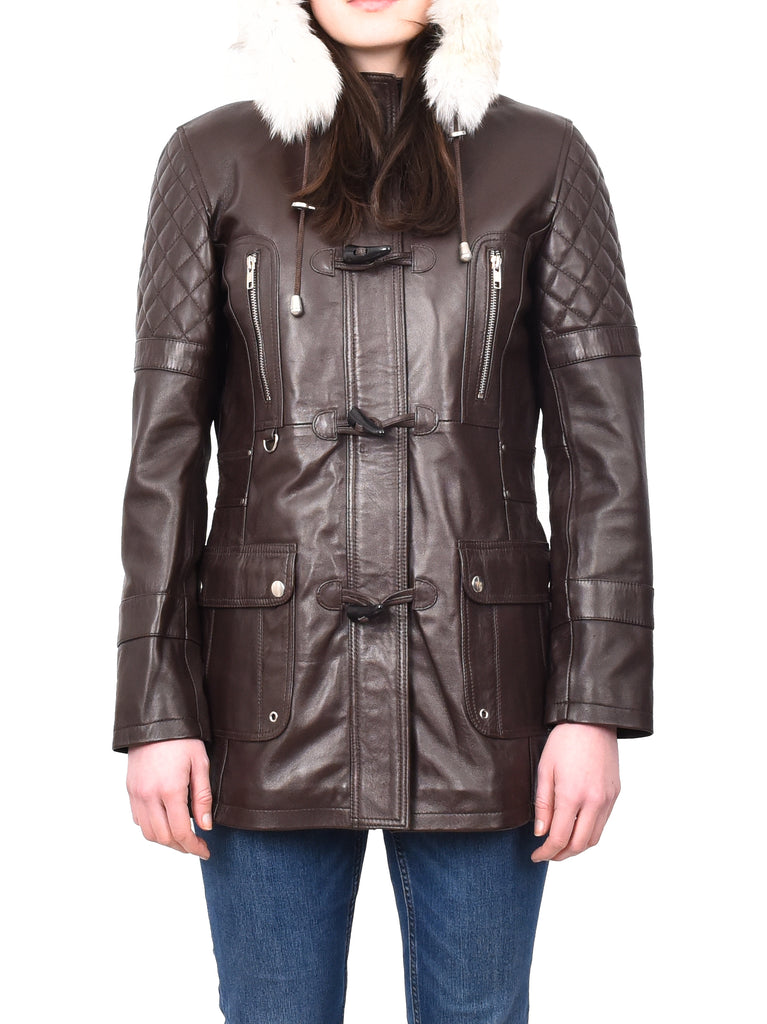 Women's Original Detachable Hoodie Duffel Leather Coat Brown Velvetine 5