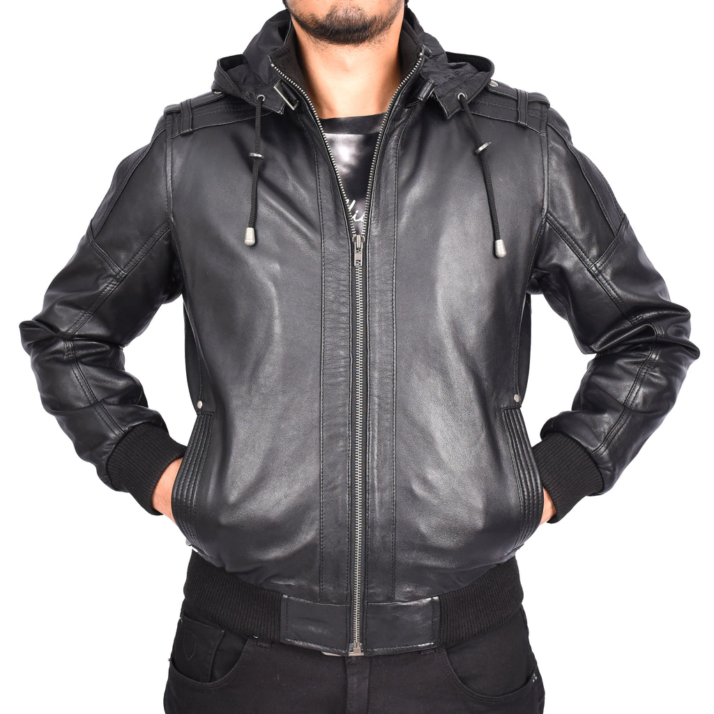 Men's Soft Sheep Nappa Leather Bomber Jacket Removable Hood Kent Black 6