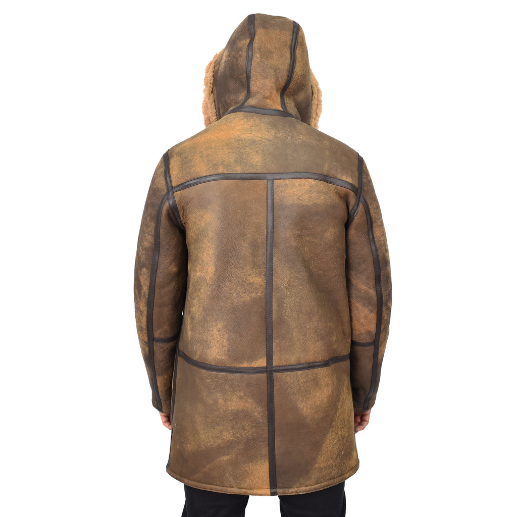 Mens Winter Antique Sheepskin Duffle Coat ¾ Length Shearling Duncan Brown 6