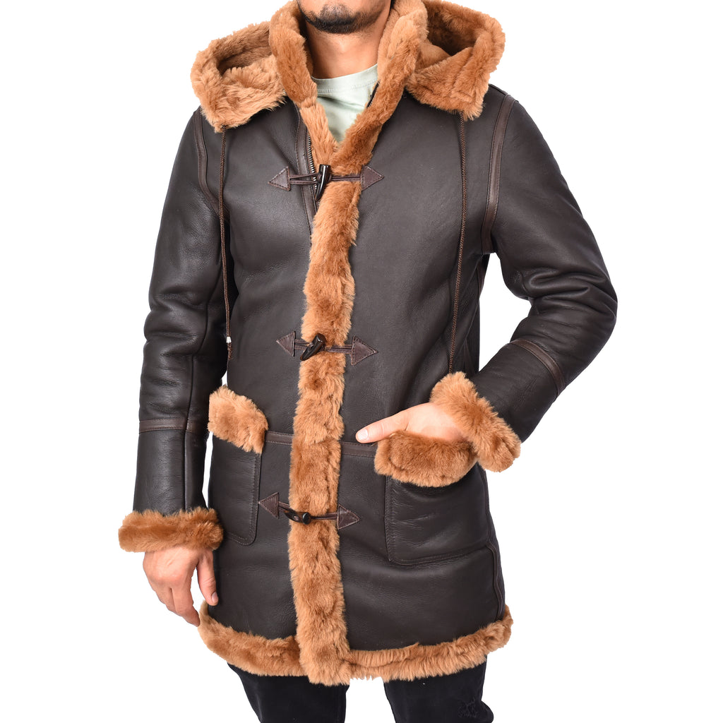 Mens Winter Sheepskin Hooded Duffel Coat ¾ Length Shearling Ronald Brown 6