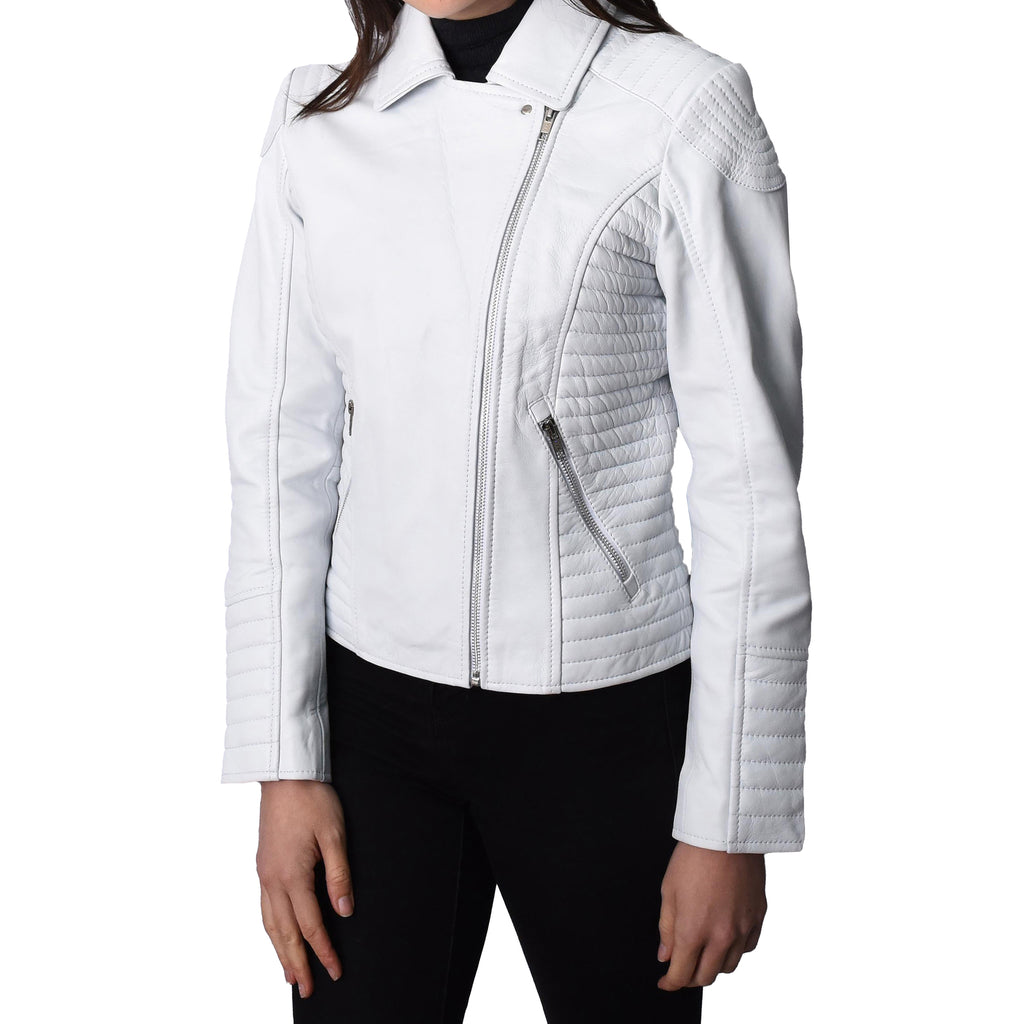 Women's Soft Leather Cross Zip Biker Jacket White Eleganza 6