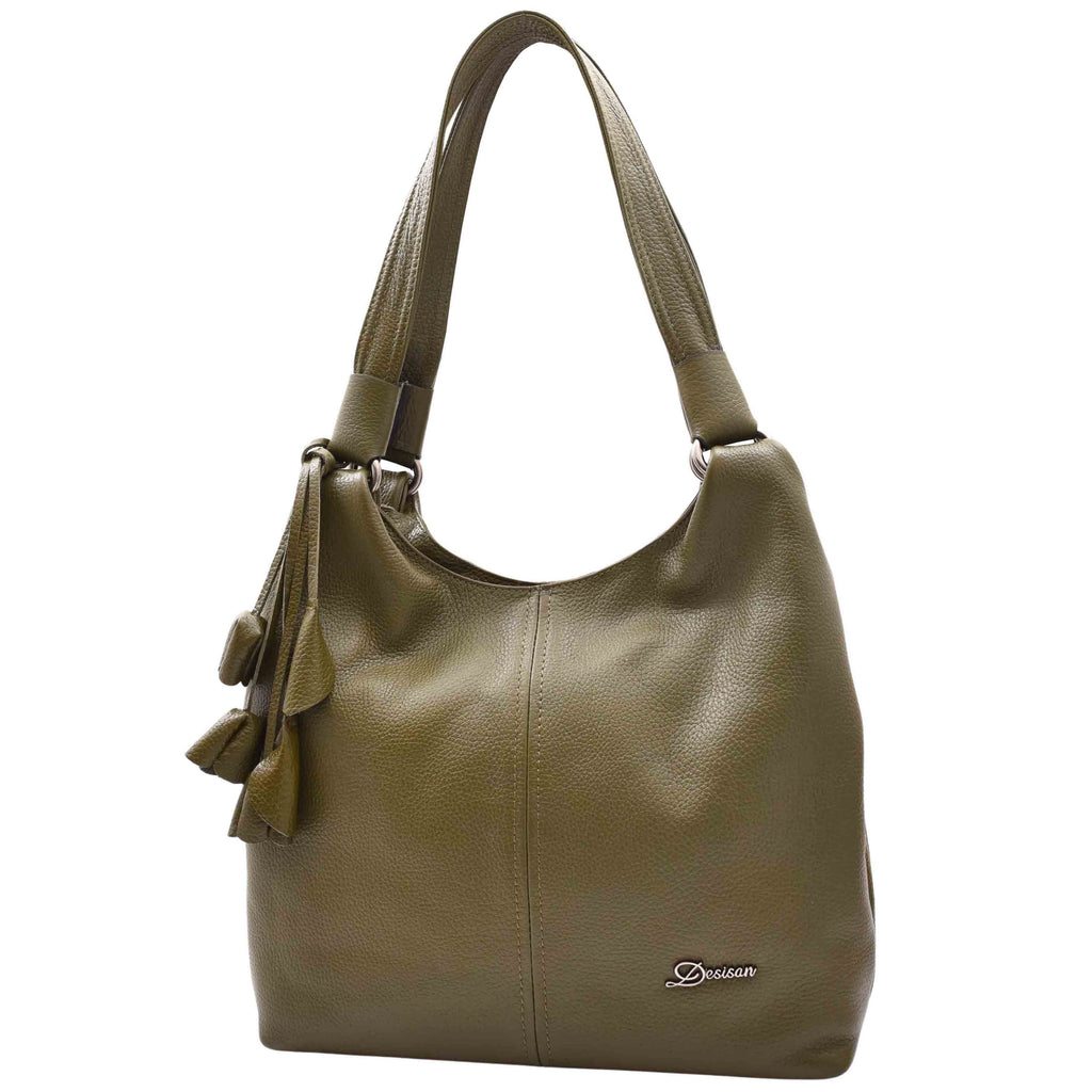 DR583 Women's Large Leather Hobo Bag With Zip Opening Olive 6