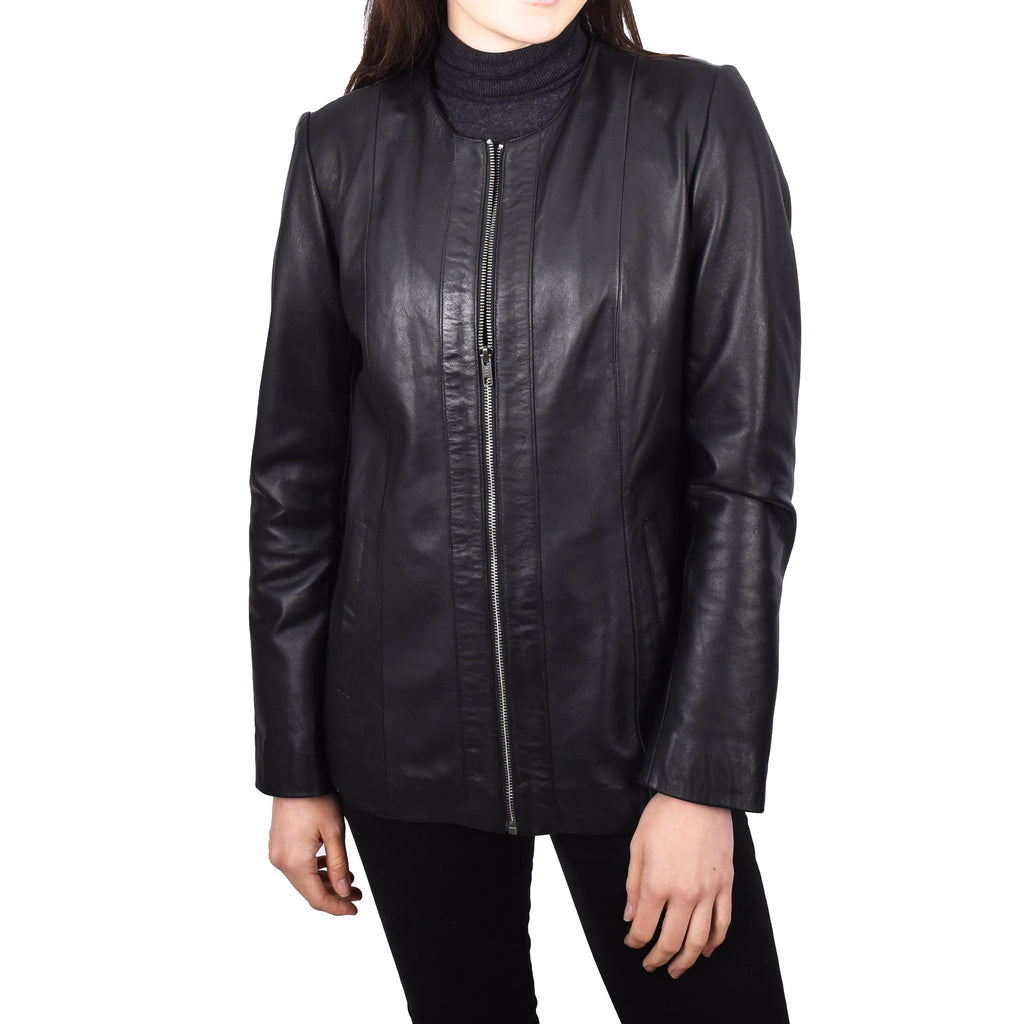 Women's Collarless Biker Real Leather Jacket Black Eclipse 6