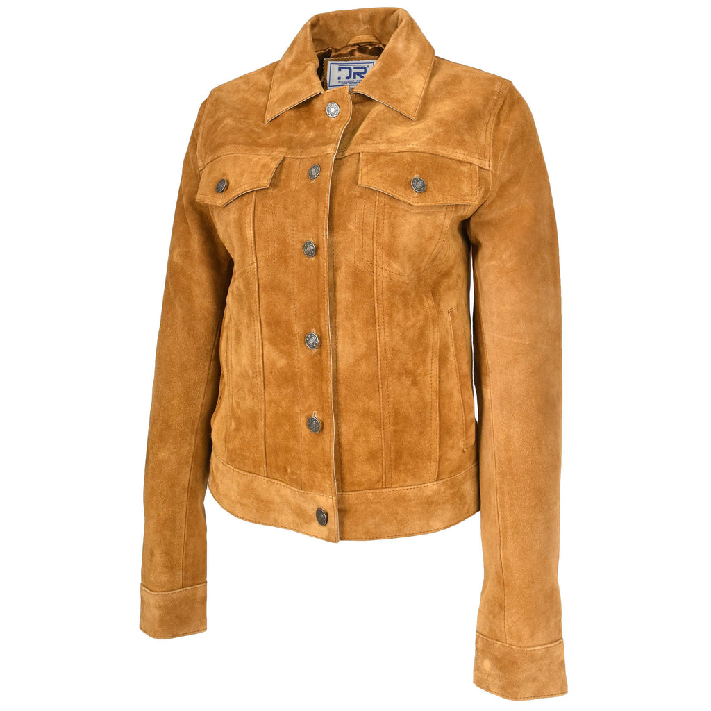 Women's Retro Denim Style Real Suede Jacket Tan Trucka 6