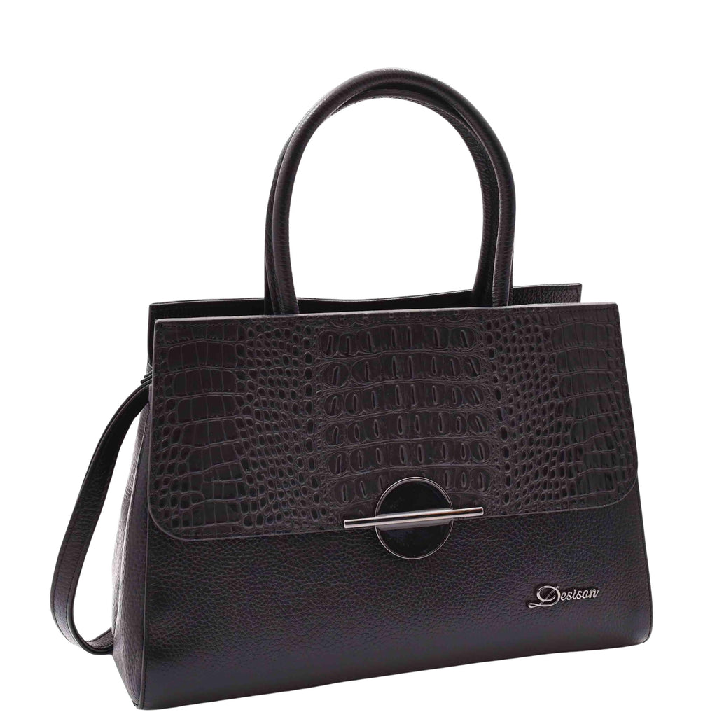 DR580 Women's Genuine Leather Long Strap Croc Print Handbag Black 6