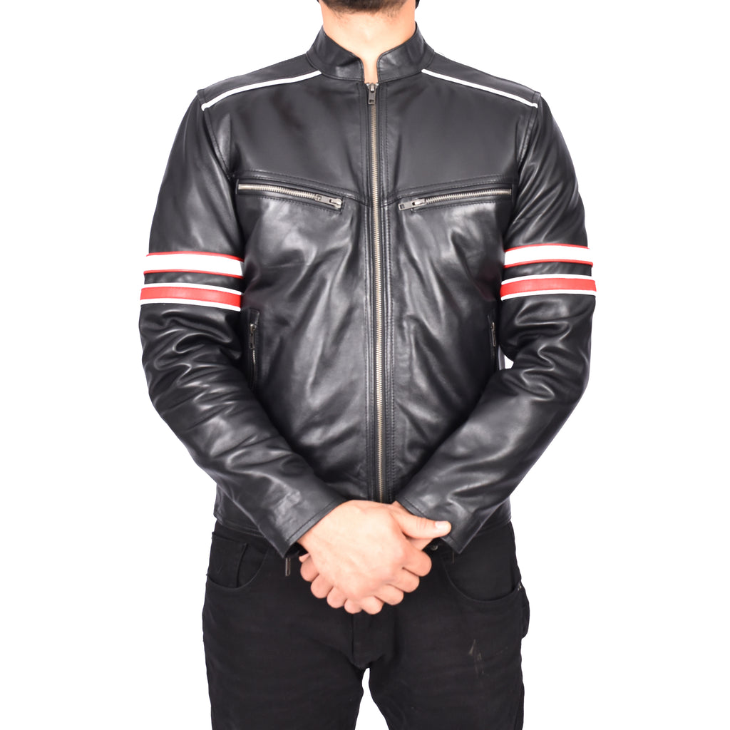 Men's Biker Jacket Real Sheep Leather Cafe Racer Design Odin Black 6