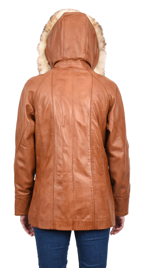 Women's Real Leather Coat with Fur Hood Winter Tan Chicora 6