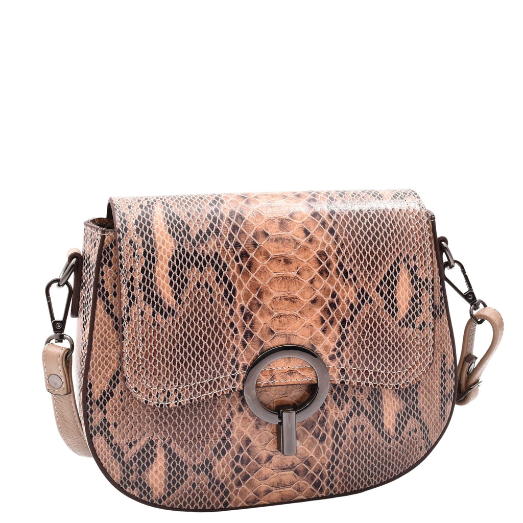 DR578 Women's Genuine Leather Small Sized Cross Body Bag Snake Print Taupe 6