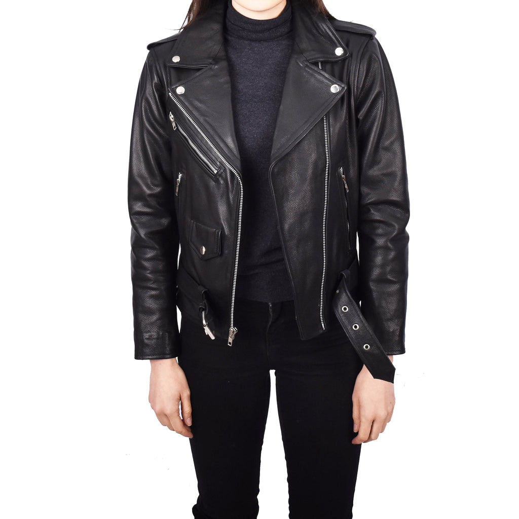 Women's Real Leather Black Biker Jacket Brando Style Sabine 6