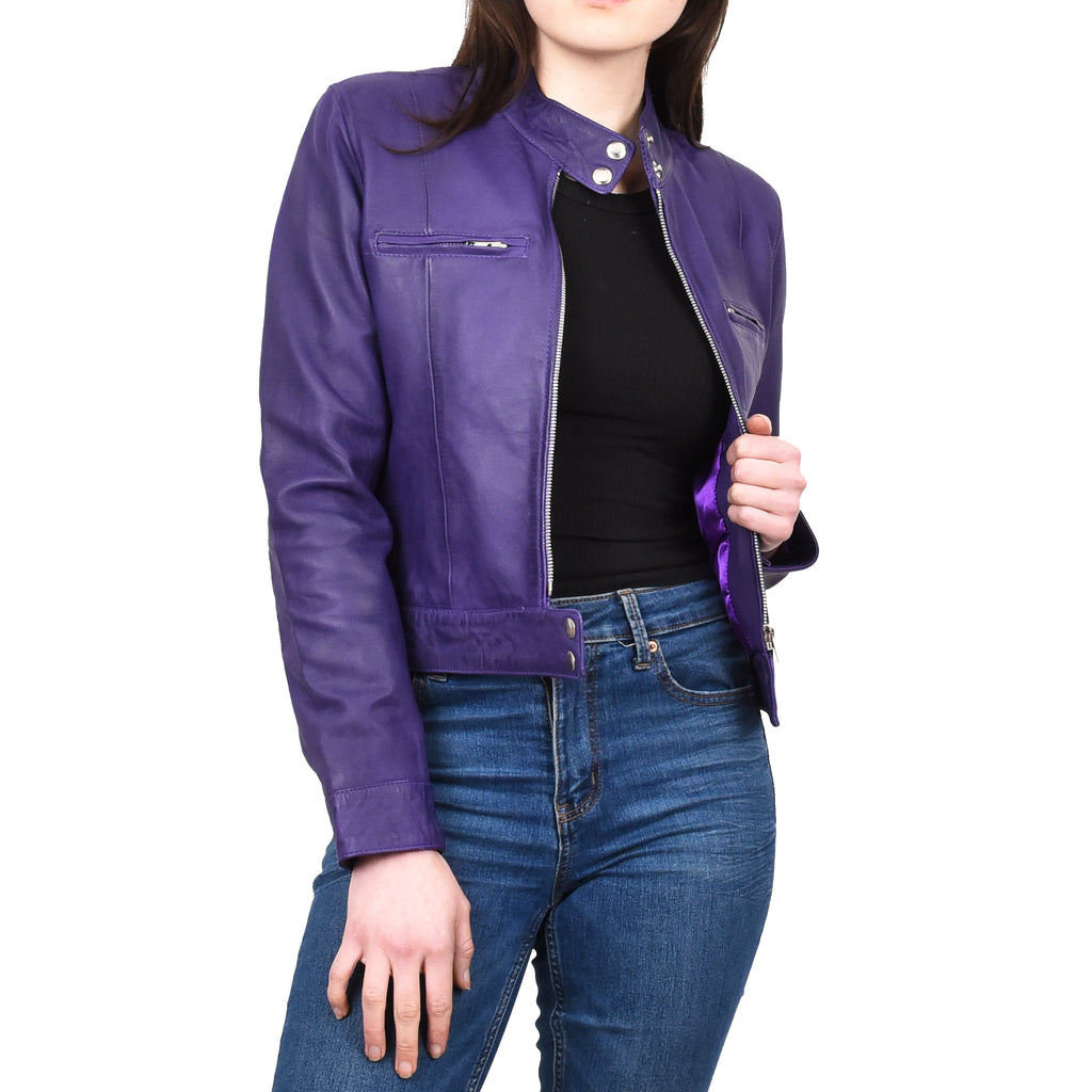 Women's Real Leather Biker Jacket Band Collar Short Slim Fit Trine Purple 6