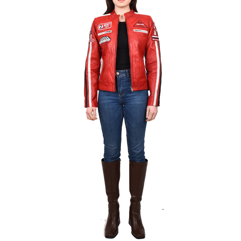 Women's Genuine Leather Biker Racing Badges Jacket Café Racer Red Rayne 6