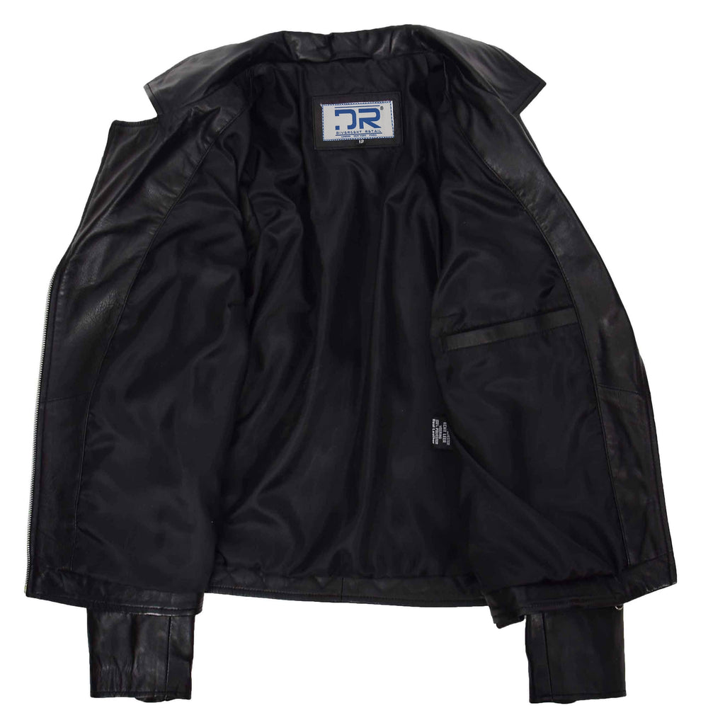 DR570 Women's Cross Zip Pocketed Real Leather Biker Jacket Black 7