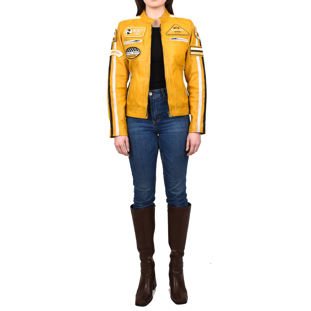 Women's Genuine Leather Biker Racing Badges Jacket Café Racer Yellow Rayne 7