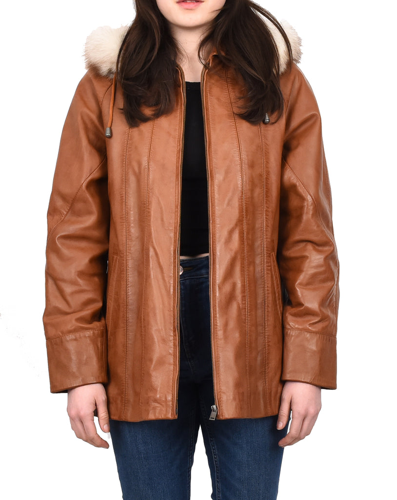 Women's Real Leather Coat with Fur Hood Winter Tan Chicora 7