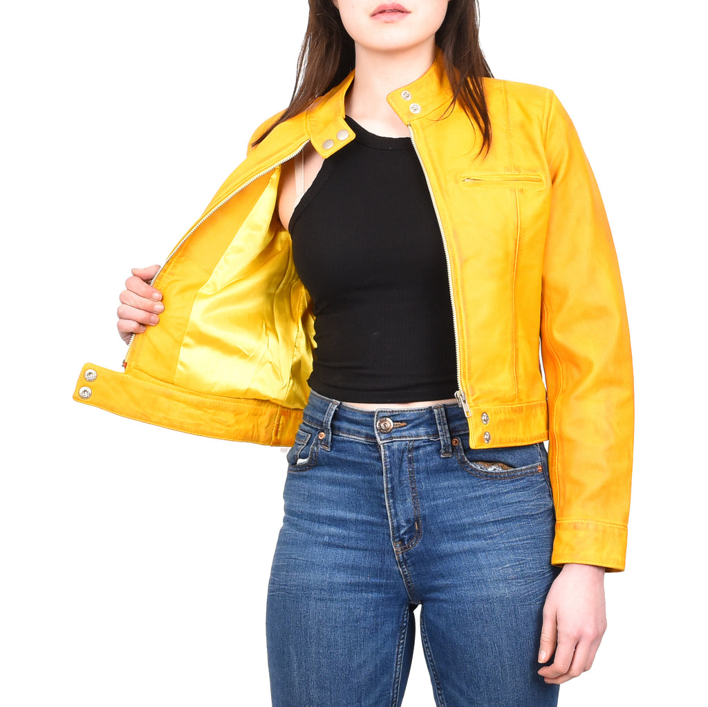 Women's Real Leather Biker Jacket Band Collar Short Slim Fit Trine Yellow 7