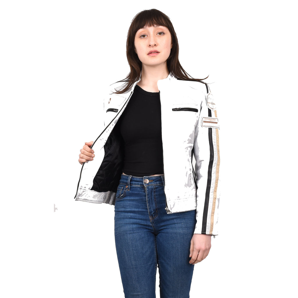 Women's Genuine Leather Biker Racing Badges Jacket Café Racer White Rayne 7