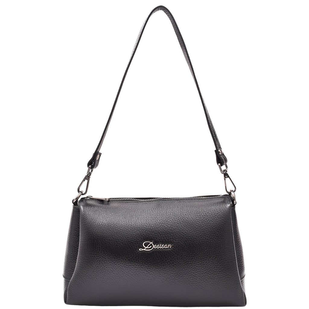 DR597 Women's Genuine Leather Small Zip Handbag Shoulder Bag Black 7