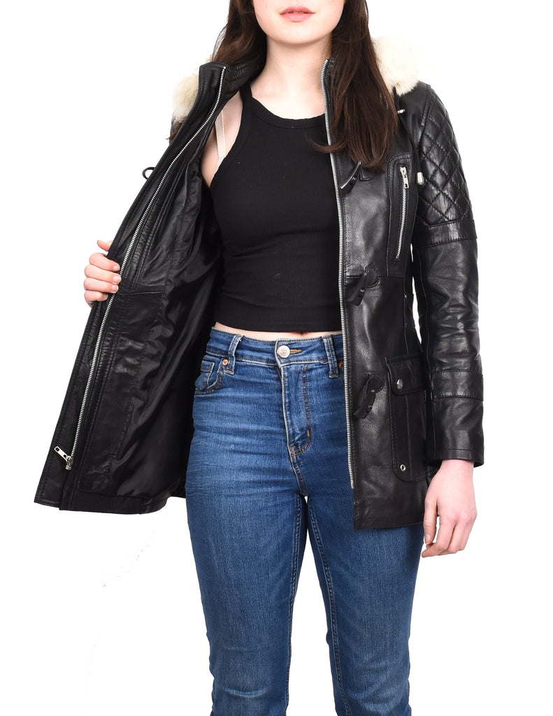 Women's Original Detachable Hoodie Duffel Leather Coat Black Velvetine 7