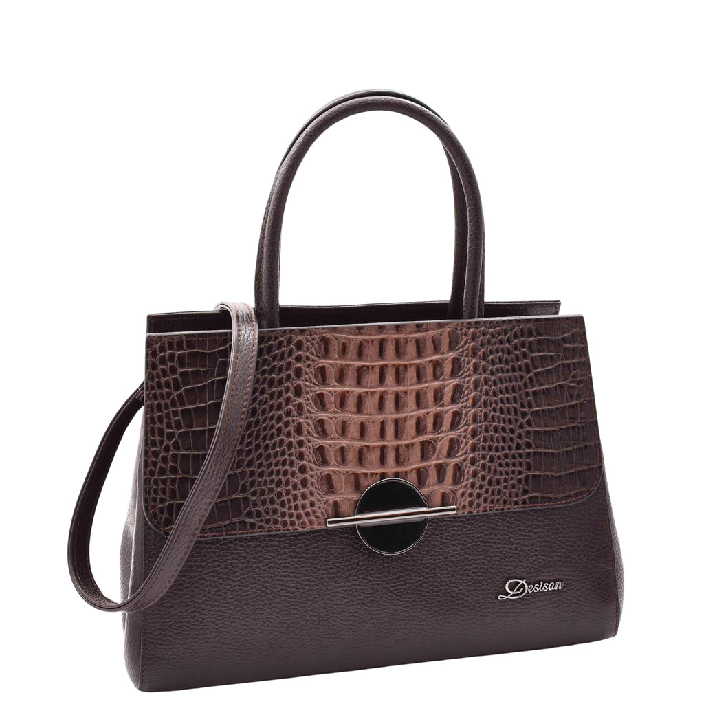 DR580 Women's Genuine Leather Long Strap Croc Print Handbag Brown 7